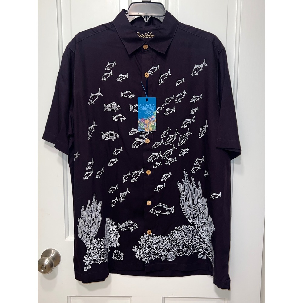 Caribbean Roundtree & Yorke Mens Large Purple Aquatic Depths Fish Shirt NWT